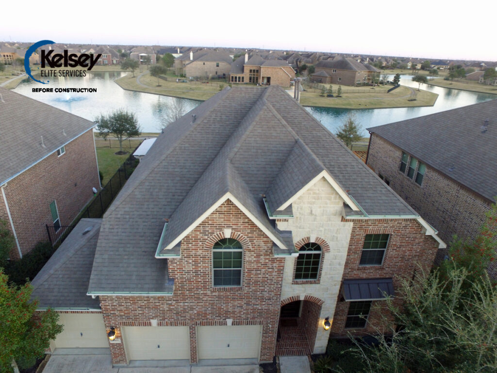 Storm damaged roof in Katy, TX before replacement after initial insurance claim denial